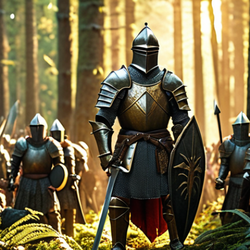Home 15 **A heavily armored Knight, sword and shield raised, standing defiantly against a horde of monsters in a lush forest. Golden light, epic fantasy.**