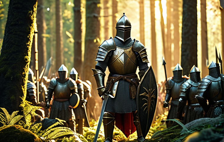 **A heavily armored Knight, sword and shield raised, standing defiantly against a horde of monsters in a lush forest. Golden light, epic fantasy.**