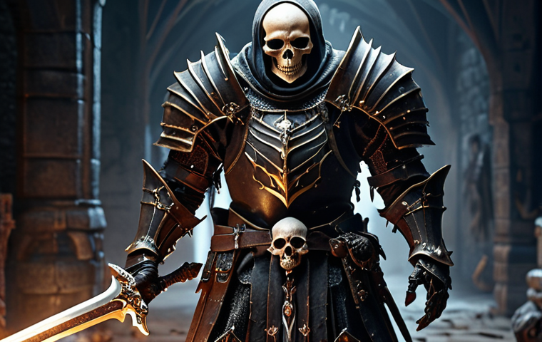**

A Knight of Death in Lineage, skull-crushing with style, showcasing new abilities or improved gear. Dark fantasy setting with detailed armor and dramatic lighting. Action pose.

**