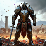 ** A digital painting depicting a Lineage-like character, clad in heavily customized, almost overpowered-looking armor, standing triumphantly over a battlefield littered with defeated enemies. The scene should have a slightly surreal, unbalanced feel, hinting at the potential pitfalls of private servers. The style should be reminiscent of classic fantasy art, but with a modern, digital twist. Include subtle glitching effects or distorted textures to represent instability.

**