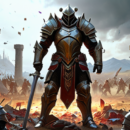 Home 7 ** A digital painting depicting a Lineage-like character, clad in heavily customized, almost overpowered-looking armor, standing triumphantly over a battlefield littered with defeated enemies. The scene should have a slightly surreal, unbalanced feel, hinting at the potential pitfalls of private servers. The style should be reminiscent of classic fantasy art, but with a modern, digital twist. Include subtle glitching effects or distorted textures to represent instability.
**
