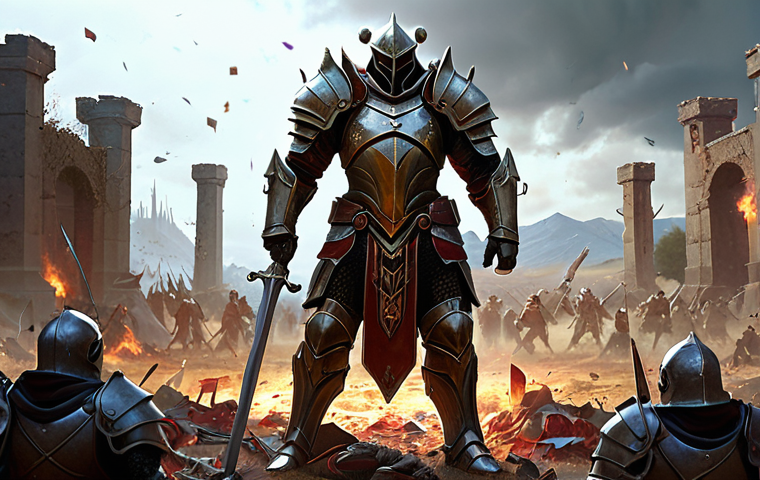 ** A digital painting depicting a Lineage-like character, clad in heavily customized, almost overpowered-looking armor, standing triumphantly over a battlefield littered with defeated enemies. The scene should have a slightly surreal, unbalanced feel, hinting at the potential pitfalls of private servers. The style should be reminiscent of classic fantasy art, but with a modern, digital twist. Include subtle glitching effects or distorted textures to represent instability.

**