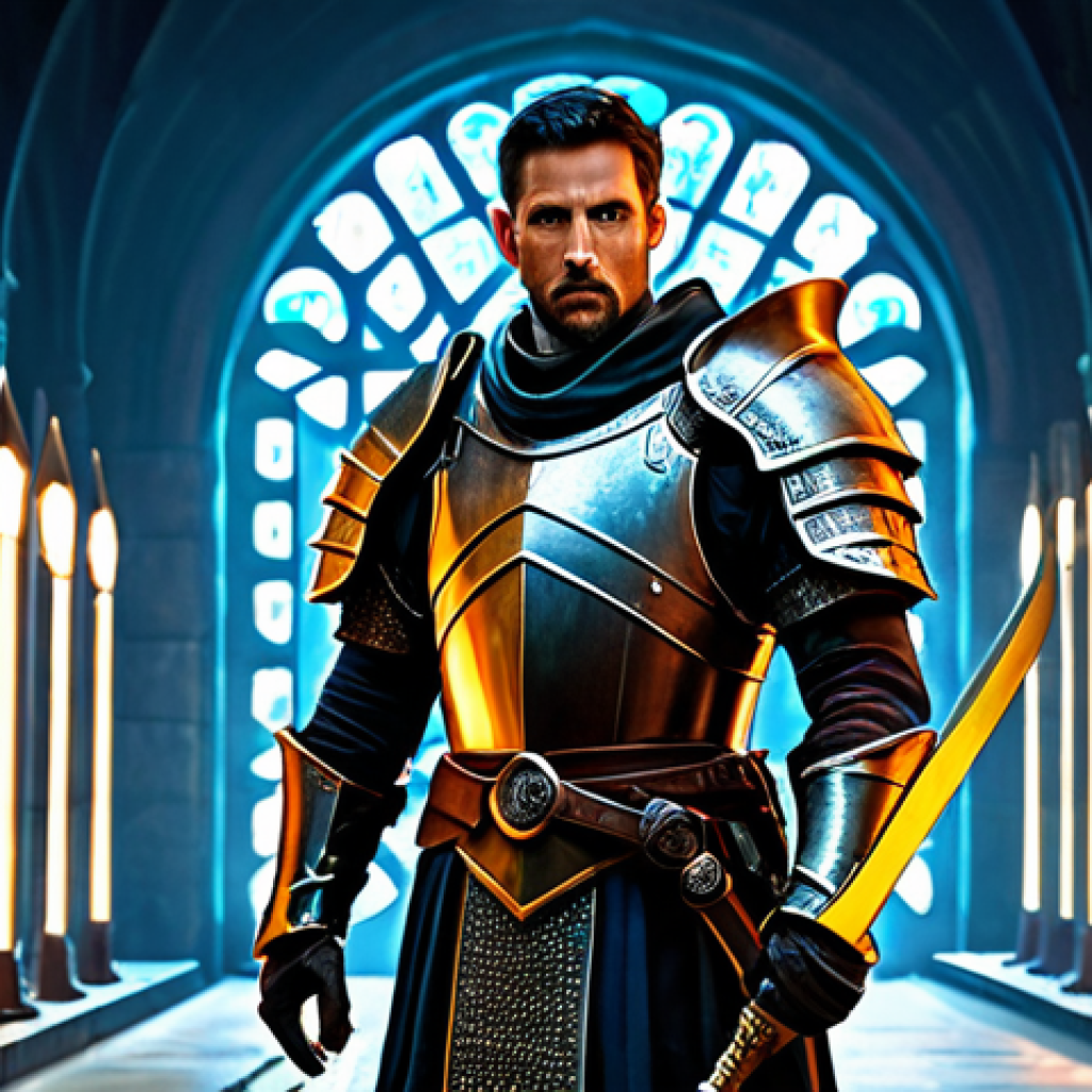 A focused male fantasy warrior, fully clothed in intricate, modest, and professional medieval armor, stands in a mystical armory. He meticulously examines a glowing sword, while holographic data overlays of stats and attributes float around him, depicting strategic equipment choices. The background shows various weapon racks and armor stands. The warrior has a thoughtful expression, embodying the concept of strategic gear selection and synergy. Professional studio lighting, cinematic atmosphere, high detail. safe for work, appropriate content, family-friendly, perfect anatomy, correct proportions, natural pose, well-formed hands, proper finger count, natural body proportions.