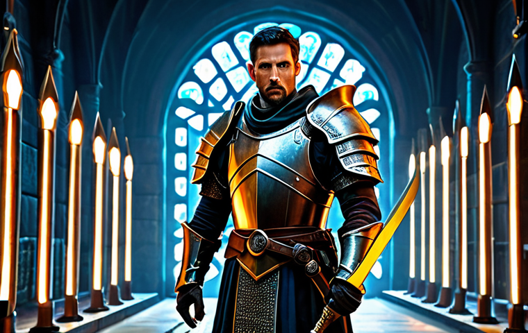 A focused male fantasy warrior, fully clothed in intricate, modest, and professional medieval armor, stands in a mystical armory. He meticulously examines a glowing sword, while holographic data overlays of stats and attributes float around him, depicting strategic equipment choices. The background shows various weapon racks and armor stands. The warrior has a thoughtful expression, embodying the concept of strategic gear selection and synergy. Professional studio lighting, cinematic atmosphere, high detail. safe for work, appropriate content, family-friendly, perfect anatomy, correct proportions, natural pose, well-formed hands, proper finger count, natural body proportions.