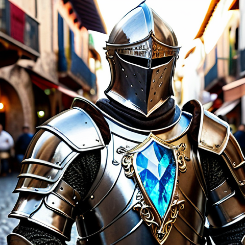 **

A determined Knight, clad in shining, intricately designed plate armor, holding a glowing crystal. The background is a bustling marketplace in a medieval Spanish town. Focus on the details of the armor and the crystal's light. Safe for work, appropriate content, fully clothed, professional, perfect anatomy, natural pose.

**