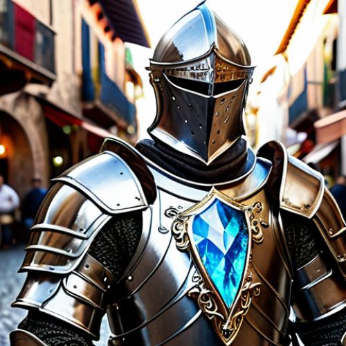 Home 27 **
A determined Knight, clad in shining, intricately designed plate armor, holding a glowing crystal. The background is a bustling marketplace in a medieval Spanish town. Focus on the details of the armor and the crystal's light. Safe for work, appropriate content, fully clothed, professional, perfect anatomy, natural pose.
**