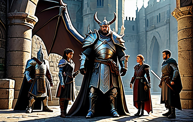 **

A group of adventurers, fully clothed in appropriate fantasy armor and robes, coordinating a strategy to defeat a large dragon boss in a detailed, ancient castle environment. The scene includes elements of teamwork and communication, safe for work, perfect anatomy, natural proportions, professional digital art, high quality, family-friendly.

**