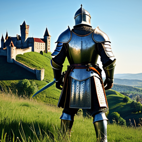 Home 25 **
"A knight in shining, full plate armor, standing heroically on a grassy hill overlooking a medieval village. The armor is ornate but practical, showing signs of wear and battle. Background includes rolling hills, a clear blue sky, and a castle in the distance. Style: Realistic, detailed, dramatic lighting. Keywords: fantasy, medieval, warrior, heroic, safe for work, fully clothed, appropriate attire, perfect anatomy, natural proportions, professional."
**