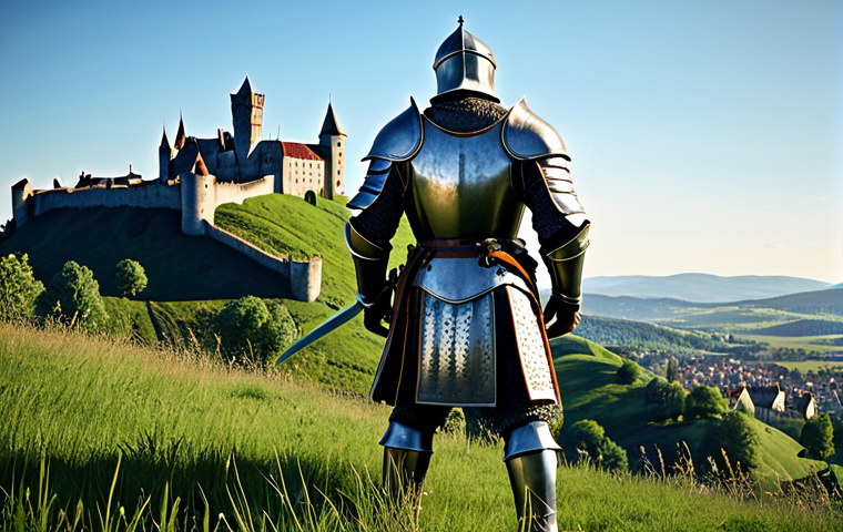 **

"A knight in shining, full plate armor, standing heroically on a grassy hill overlooking a medieval village. The armor is ornate but practical, showing signs of wear and battle. Background includes rolling hills, a clear blue sky, and a castle in the distance. Style: Realistic, detailed, dramatic lighting. Keywords: fantasy, medieval, warrior, heroic, safe for work, fully clothed, appropriate attire, perfect anatomy, natural proportions, professional."

**