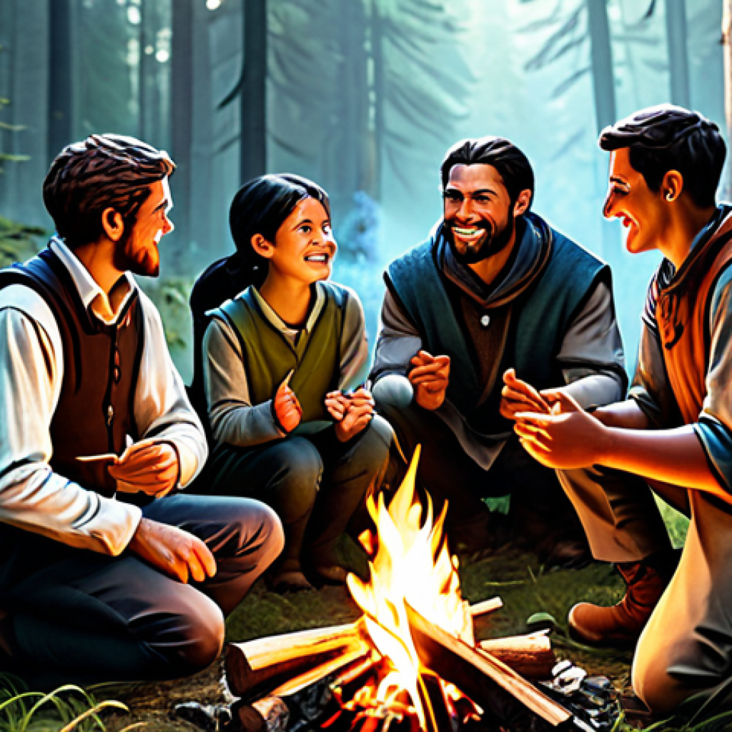 **

A group of fully clothed adventurers, diverse in appearance, celebrating a small victory around a campfire in a forest clearing, appropriate content, safe for work, modest clothing, well-formed hands, proper finger count, natural body proportions, perfect anatomy, correct proportions, family-friendly illustration, fantasy art style.

**