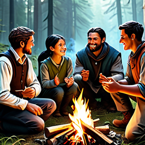 Home 12 **
A group of fully clothed adventurers, diverse in appearance, celebrating a small victory around a campfire in a forest clearing, appropriate content, safe for work, modest clothing, well-formed hands, proper finger count, natural body proportions, perfect anatomy, correct proportions, family-friendly illustration, fantasy art style.
**