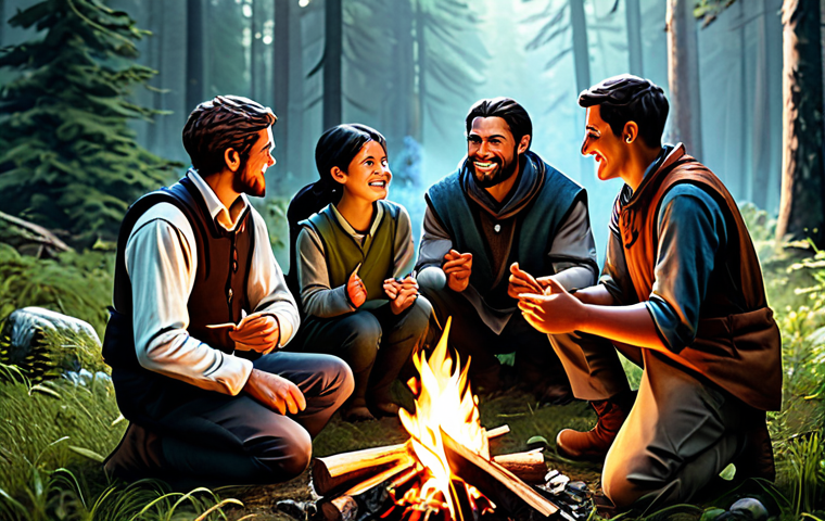 **

A group of fully clothed adventurers, diverse in appearance, celebrating a small victory around a campfire in a forest clearing, appropriate content, safe for work, modest clothing, well-formed hands, proper finger count, natural body proportions, perfect anatomy, correct proportions, family-friendly illustration, fantasy art style.

**