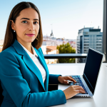 Modern Office in Madrid**

"A professional businesswoman in a stylish, modest blazer and skirt, sitting at a desk with a laptop in a bright, modern office in Madrid, Spain. Background features a view of the city skyline. Fully clothed, appropriate attire, safe for work, perfect anatomy, natural pose, professional photography, high quality."

**