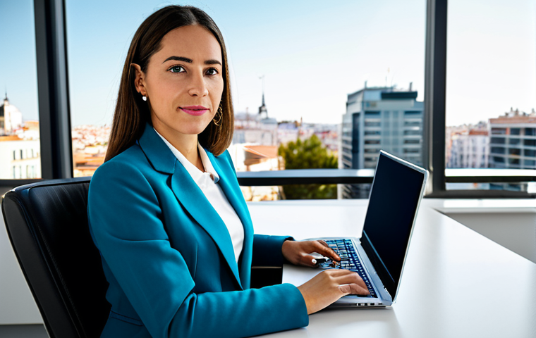 Modern Office in Madrid**

"A professional businesswoman in a stylish, modest blazer and skirt, sitting at a desk with a laptop in a bright, modern office in Madrid, Spain. Background features a view of the city skyline. Fully clothed, appropriate attire, safe for work, perfect anatomy, natural pose, professional photography, high quality."

**