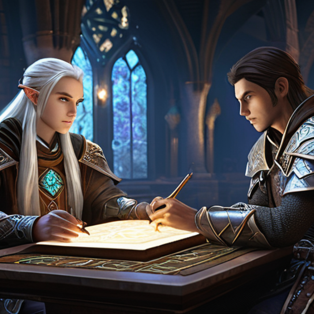 리니지 팬 커뮤니티 소개 - **Prompt:** "A diverse group of five Lineage II adventurers, including a heavily armored male Human ...