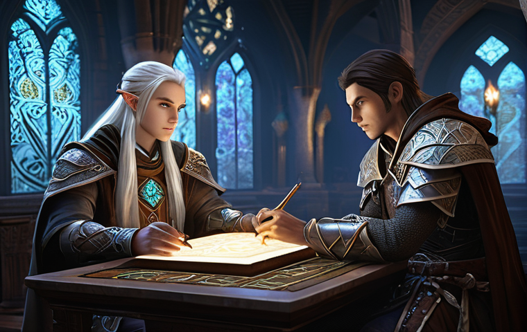 리니지 팬 커뮤니티 소개 - **Prompt:** "A diverse group of five Lineage II adventurers, including a heavily armored male Human ...