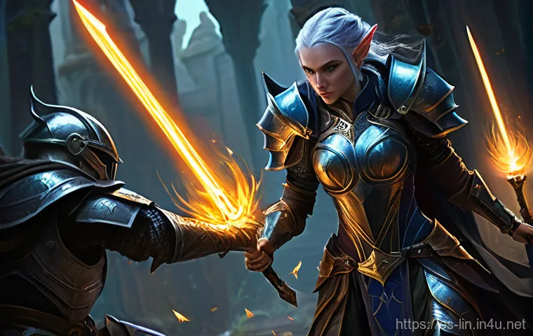 리니지 직업 스위칭 팁 - **Prompt 1: Contemplating a New Path**
    A powerful Lineage 2M warrior, gender-neutral, stands in ...