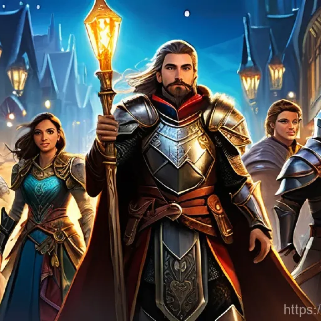 리니지 기념일 아이템 정보 - A vibrant scene depicting a diverse group of fantasy adventurers from the world of Aden, celebrating...