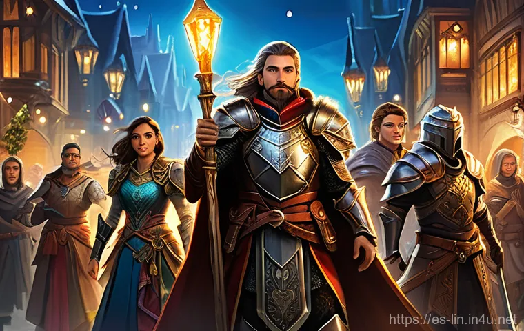 리니지 기념일 아이템 정보 - A vibrant scene depicting a diverse group of fantasy adventurers from the world of Aden, celebrating...