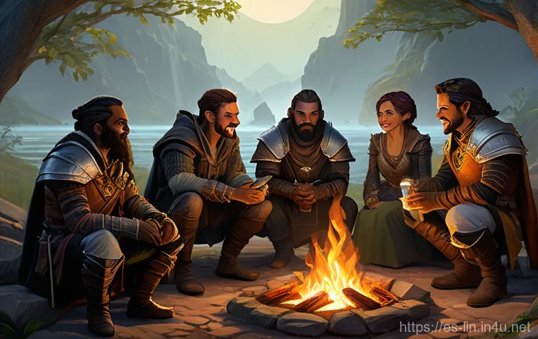 리니지 서버 트렌드와 인기 - **Prompt:** A diverse group of 5-7 Lineage adventurers, comprising a Human Fighter in heavy plate ar...