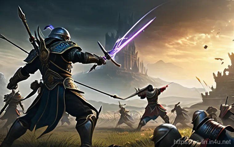 리니지 서버 트렌드와 인기 - **Prompt:** A diverse group of 5-7 Lineage adventurers, comprising a Human Fighter in heavy plate ar...