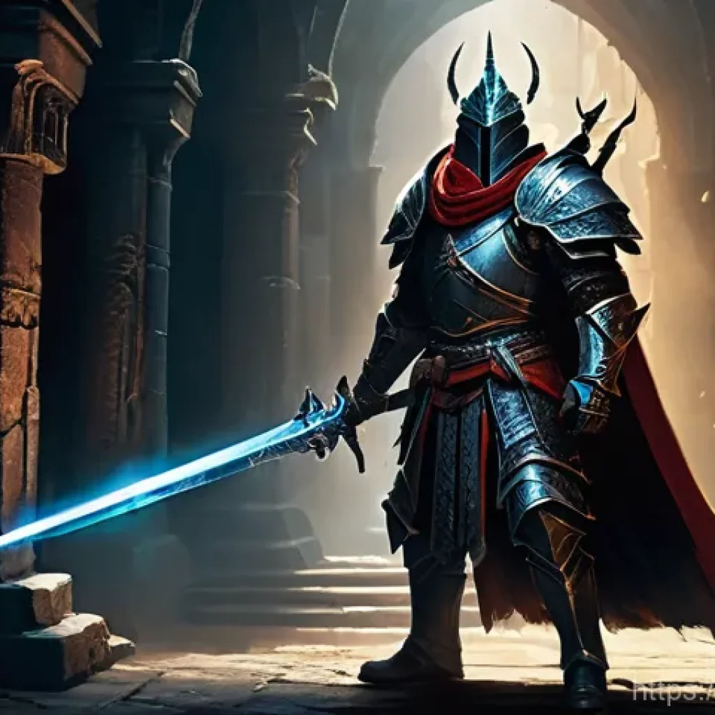 리니지 희귀 장비 가치 평가 - **Prompt:** A lone adventurer, fully clothed in intricate fantasy battle armor, stands in a dimly li...