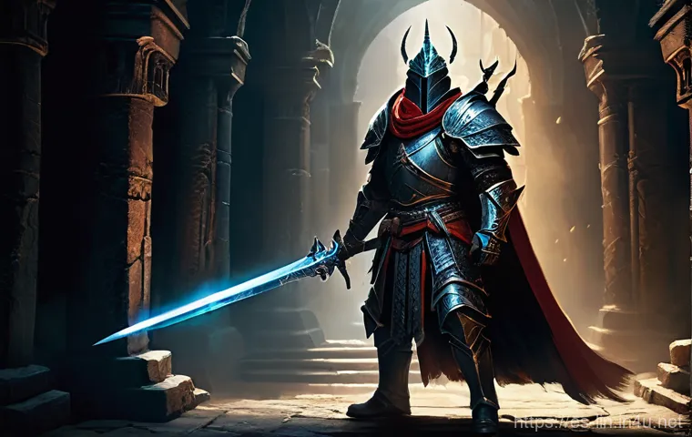 리니지 희귀 장비 가치 평가 - **Prompt:** A lone adventurer, fully clothed in intricate fantasy battle armor, stands in a dimly li...