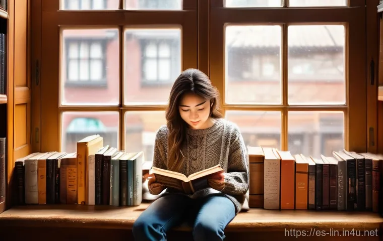 리니지 희귀 아이템 공략 - **Prompt:** A cozy, sunlit corner of an old bookstore cafe. A young woman, dressed in a comfortable ...