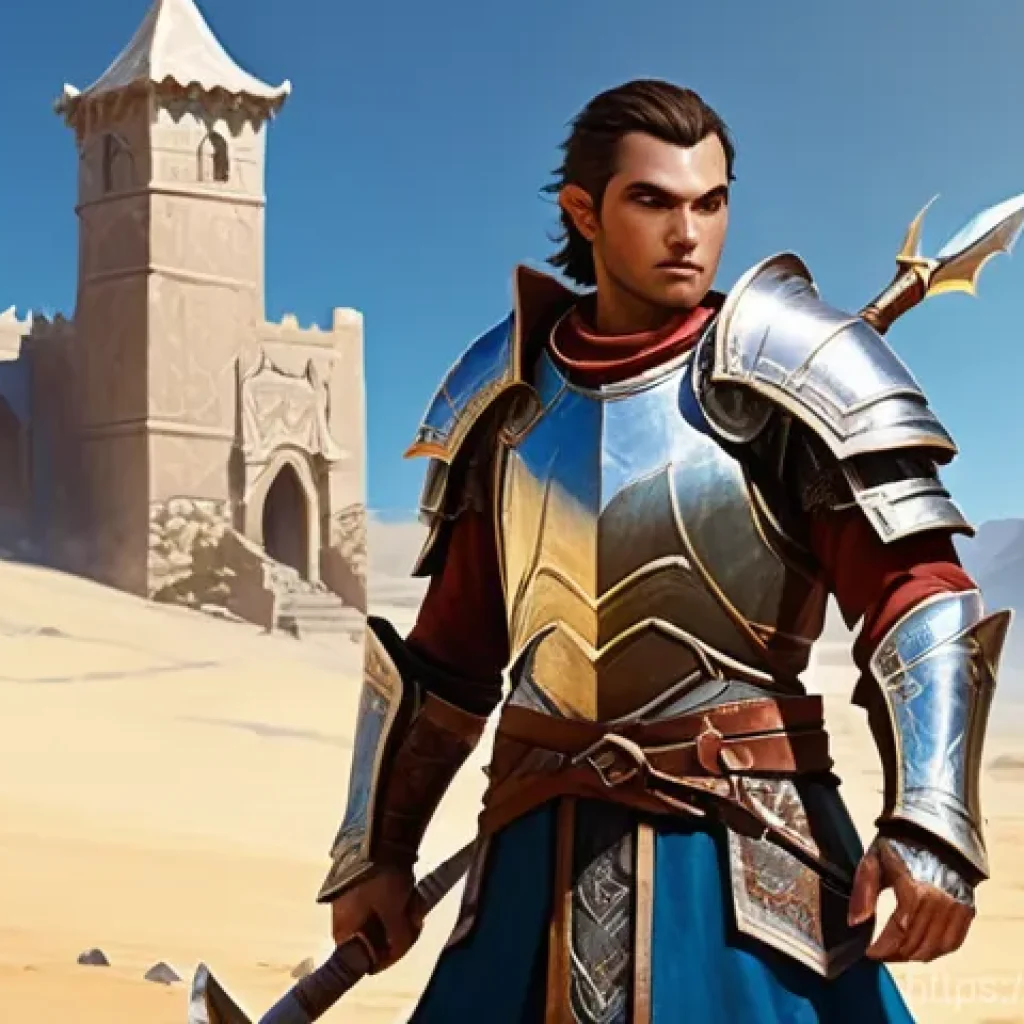 리니지 초보자를 위한 팁 모음 - **Prompt:** A young, determined Human Fighter, fully clad in polished, beginner-level fantasy plate ...