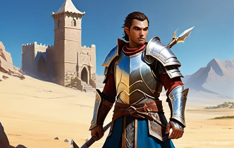 리니지 초보자를 위한 팁 모음 - **Prompt:** A young, determined Human Fighter, fully clad in polished, beginner-level fantasy plate ...