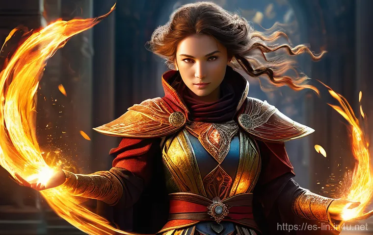 리니지 업데이트 내용 요약 - **Dynamic Fire Mage in Action:** A powerful female Fire Mage, dressed in elaborate, flowing robes th...