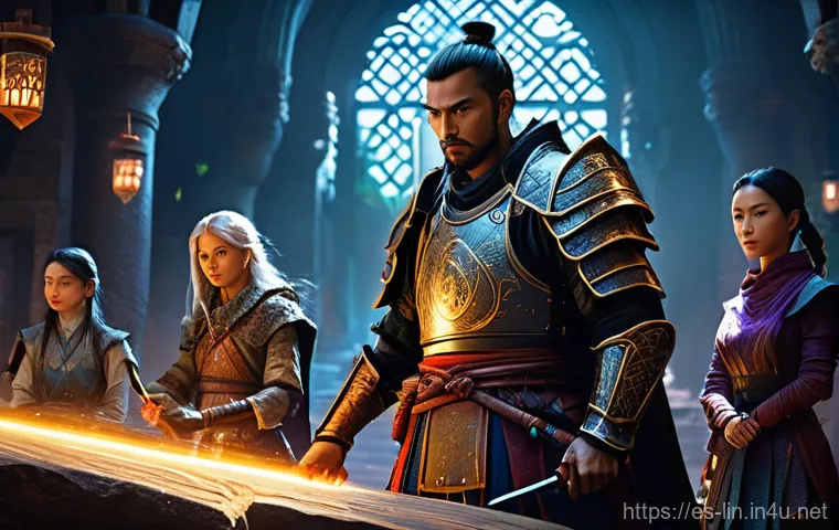 리니지 글로벌 서버 특징 - **Prompt:** "A diverse group of fantasy adventurers, each representing a unique global aesthetic (e....