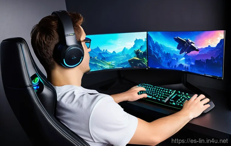 리니지 전용 마우스 설정 - **Palm Grip:**
"A male gamer, approximately 18-25 years old, sits comfortably in an ergonomic ga...