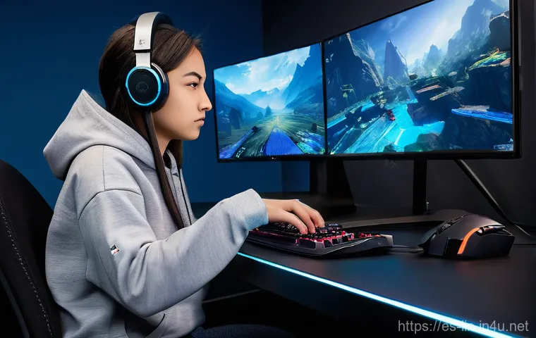 리니지 전용 마우스 설정 - **Palm Grip:**
    "A male gamer, approximately 18-25 years old, sits comfortably in an ergonomic ga...