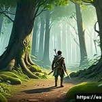 리니지 사냥터 추천 레벨별 - A beginner-friendly fantasy forest scene set in the Elven Woods, featuring a young adventurer wearin...