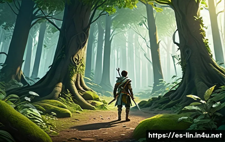 리니지 사냥터 추천 레벨별 - A beginner-friendly fantasy forest scene set in the Elven Woods, featuring a young adventurer wearin...