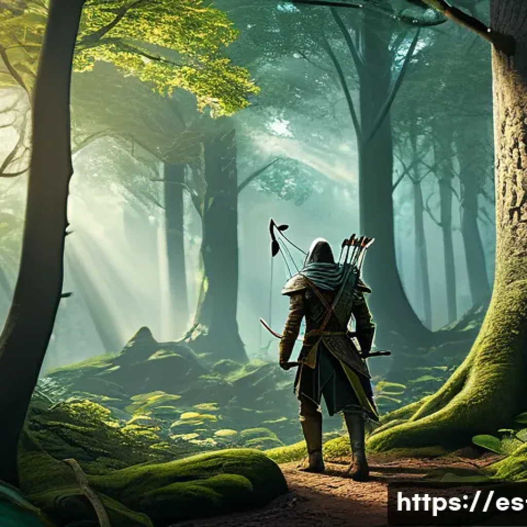 리니지 필드 사냥 팁 - A detailed fantasy forest scene set in the Elven Woods, featuring a lightly armored human archer wea...