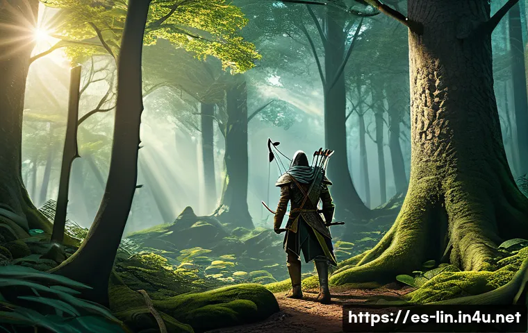 리니지 필드 사냥 팁 - A detailed fantasy forest scene set in the Elven Woods, featuring a lightly armored human archer wea...