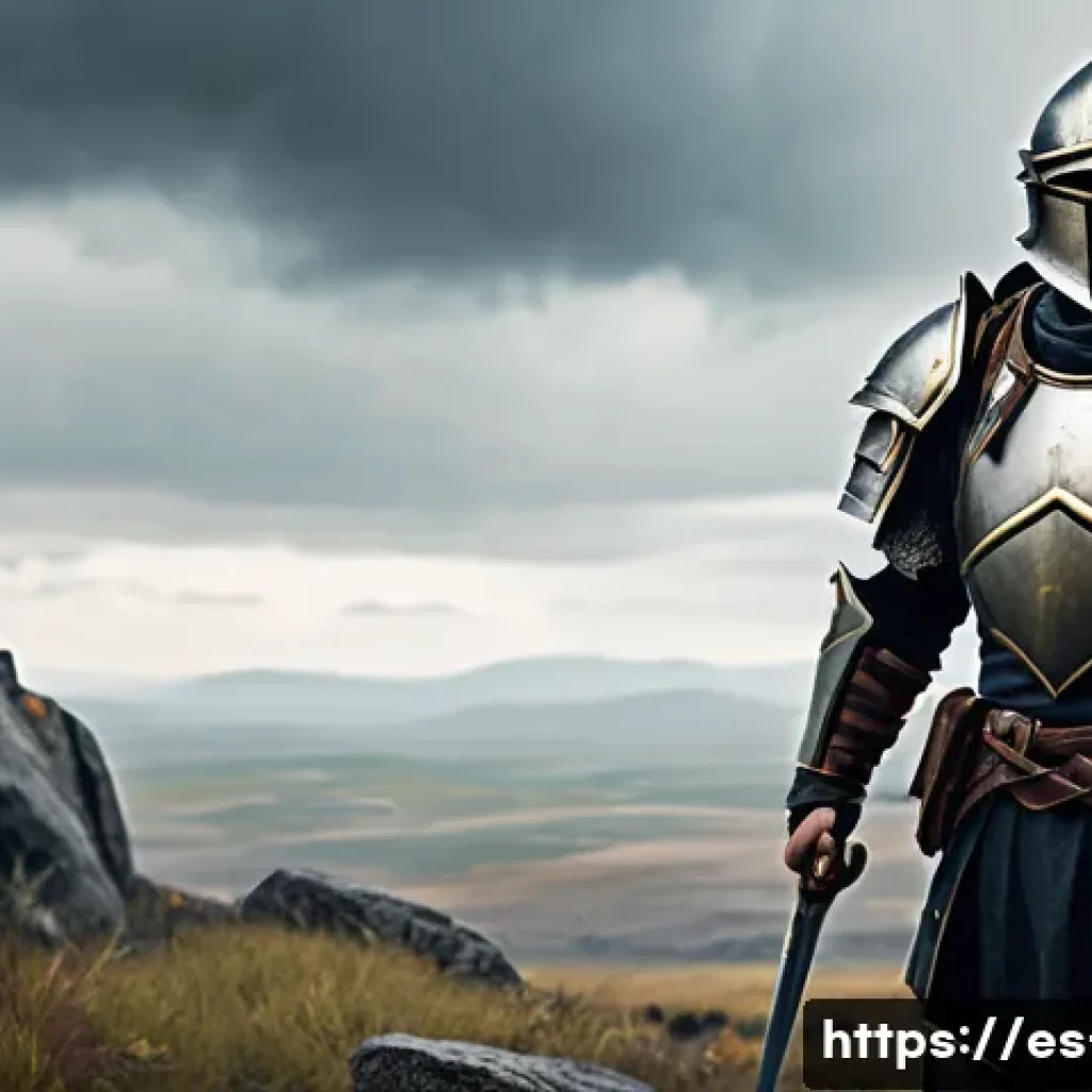 리니지 자동 사냥 설정법 - A fantasy warrior character dressed in detailed, sturdy armor with a shield and sword, standing in a...