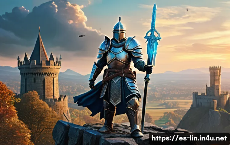 리니지 퀘스트 순위 비교 - A detailed fantasy scene depicting a seasoned warrior in ornate, rare armor wielding a legendary ele...
