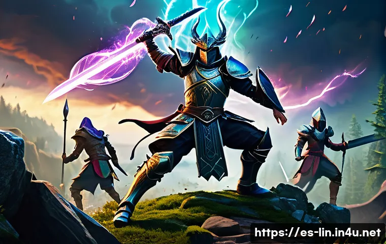 리니지 신규 업데이트 실험 - A dynamic fantasy battle scene featuring a diverse party of characters in detailed armor and magical...