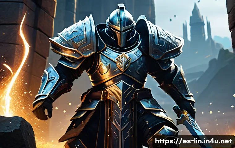 리니지 PvP 전략 연구 - A dynamic PvP battle scene in a fantasy MMORPG setting, showcasing a heavily armored warrior in bulk...