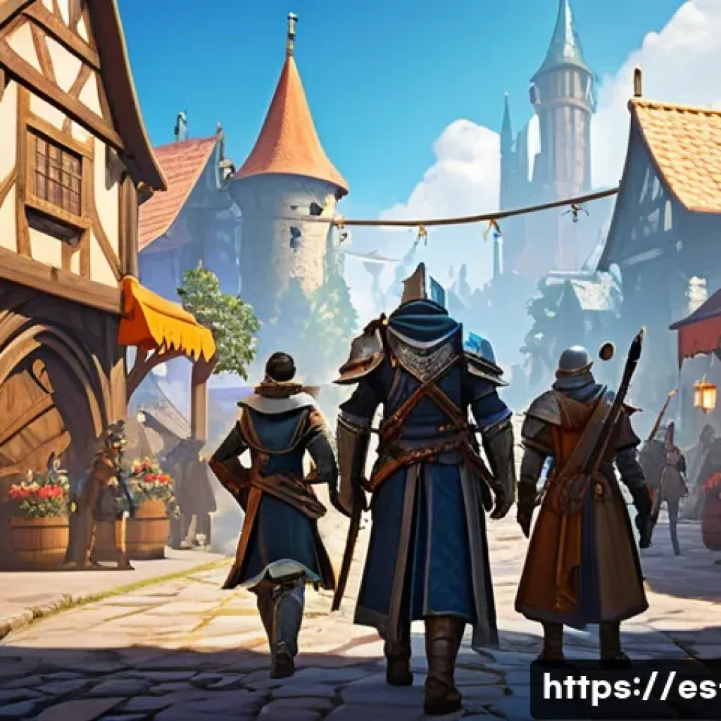 리니지 신규 서버 혜택 - A vibrant fantasy MMORPG scene depicting a group of new adventurers in detailed medieval-style armor...