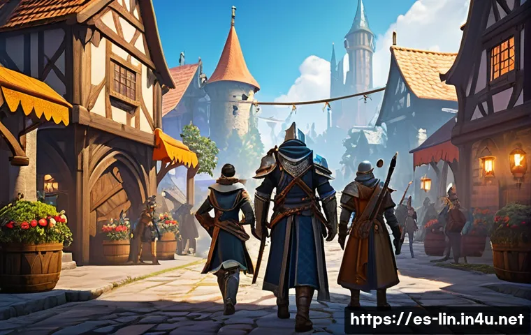 리니지 신규 서버 혜택 - A vibrant fantasy MMORPG scene depicting a group of new adventurers in detailed medieval-style armor...