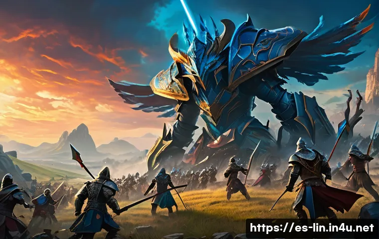 리니지 공식 가이드북 리뷰 - A detailed fantasy battle scene depicting a diverse party of Lineage characters in mid-combat on a l...