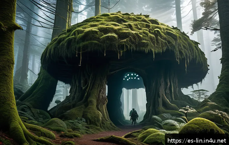 리니지 희귀 보스 등장 위치 - A dense enchanted forest shrouded in thick mist with towering ancient trees covered in moss and glow...