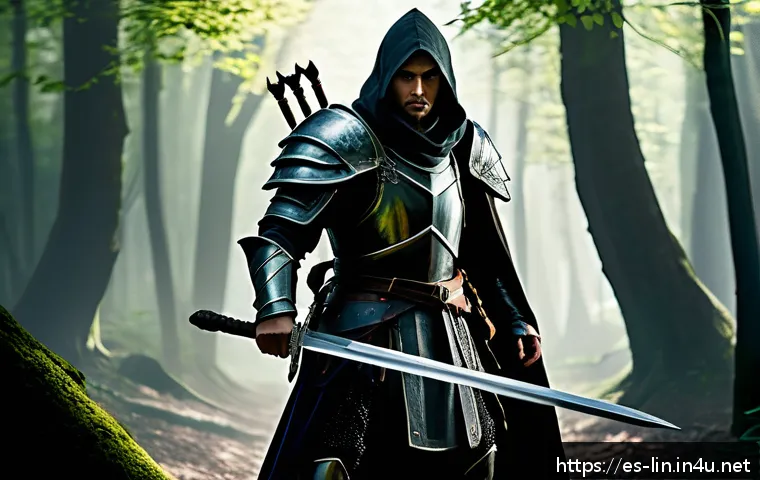 리니지 리마스터 기능 이해하기 - A dynamic fantasy battle scene depicting a warrior clad in heavy, detailed armor wielding a large sw...