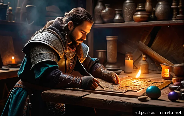 리니지 강화석 종류와 용도 - A detailed fantasy RPG workshop scene focused on enchanting weapons and armor with various magical e...