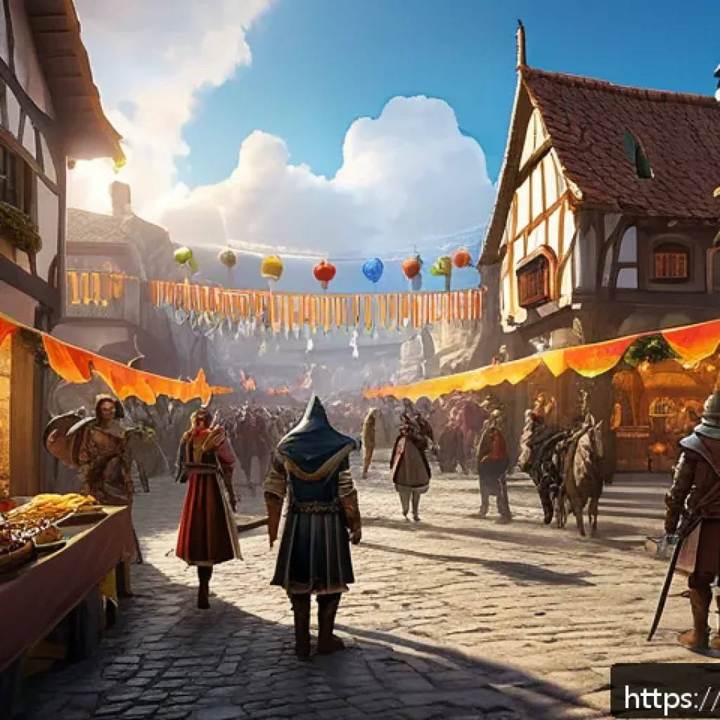 리니지 경험치 이벤트 정보 - A vibrant fantasy MMORPG event scene featuring a diverse group of players in detailed medieval armor...