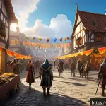 리니지 경험치 이벤트 정보 - A vibrant fantasy MMORPG event scene featuring a diverse group of players in detailed medieval armor...